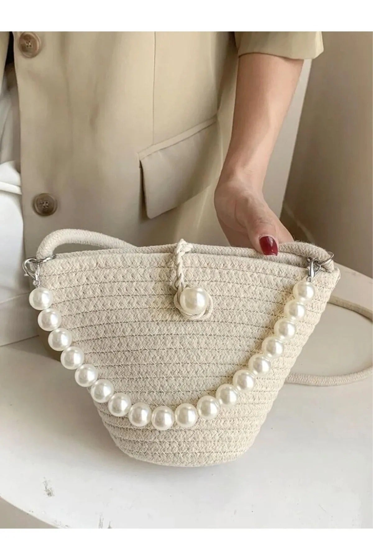 Women's Off White Pearl Design Shoulder Bag