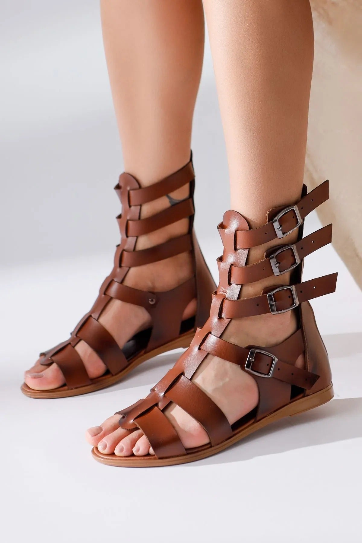 Genuine Leather Miranda Brown Zippered Gladiator Sandals