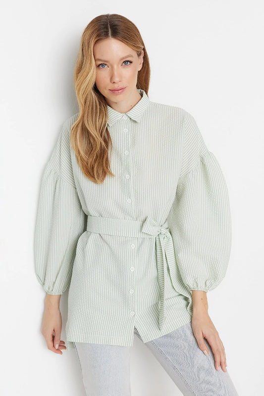 Striped Belted Balloon Sleeve Back Long Woven Shirt