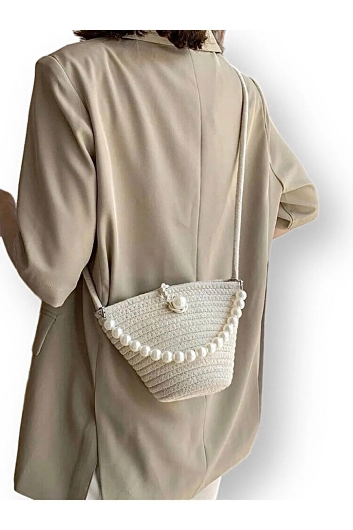 Women's Off White Pearl Design Shoulder Bag