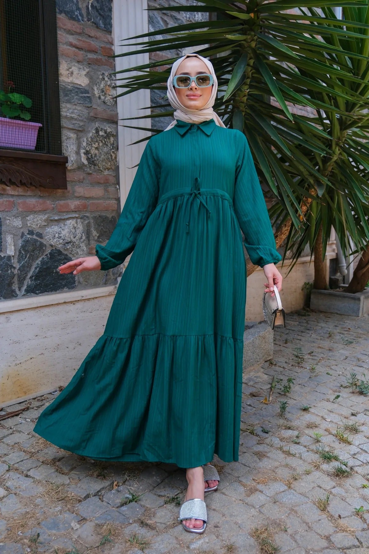 Pleated Hijab Dress Emerald Green