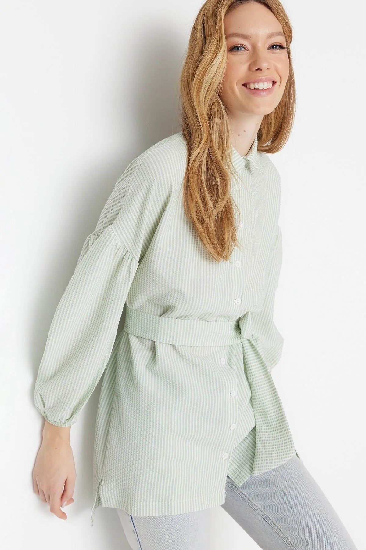 Striped Belted Balloon Sleeve Back Long Woven Shirt