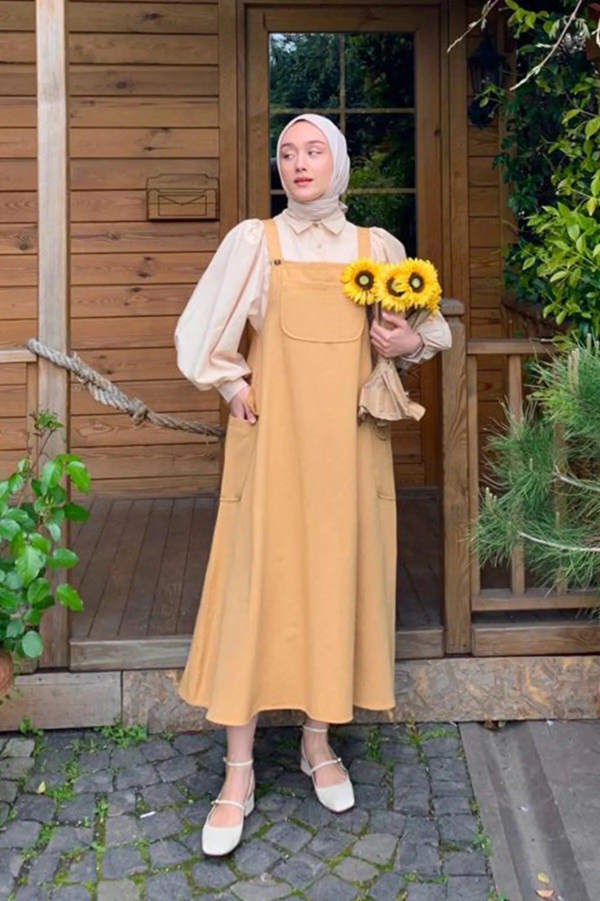 Camel Linen Skirted Overalls & Cream Classic Collar Crop Shirt