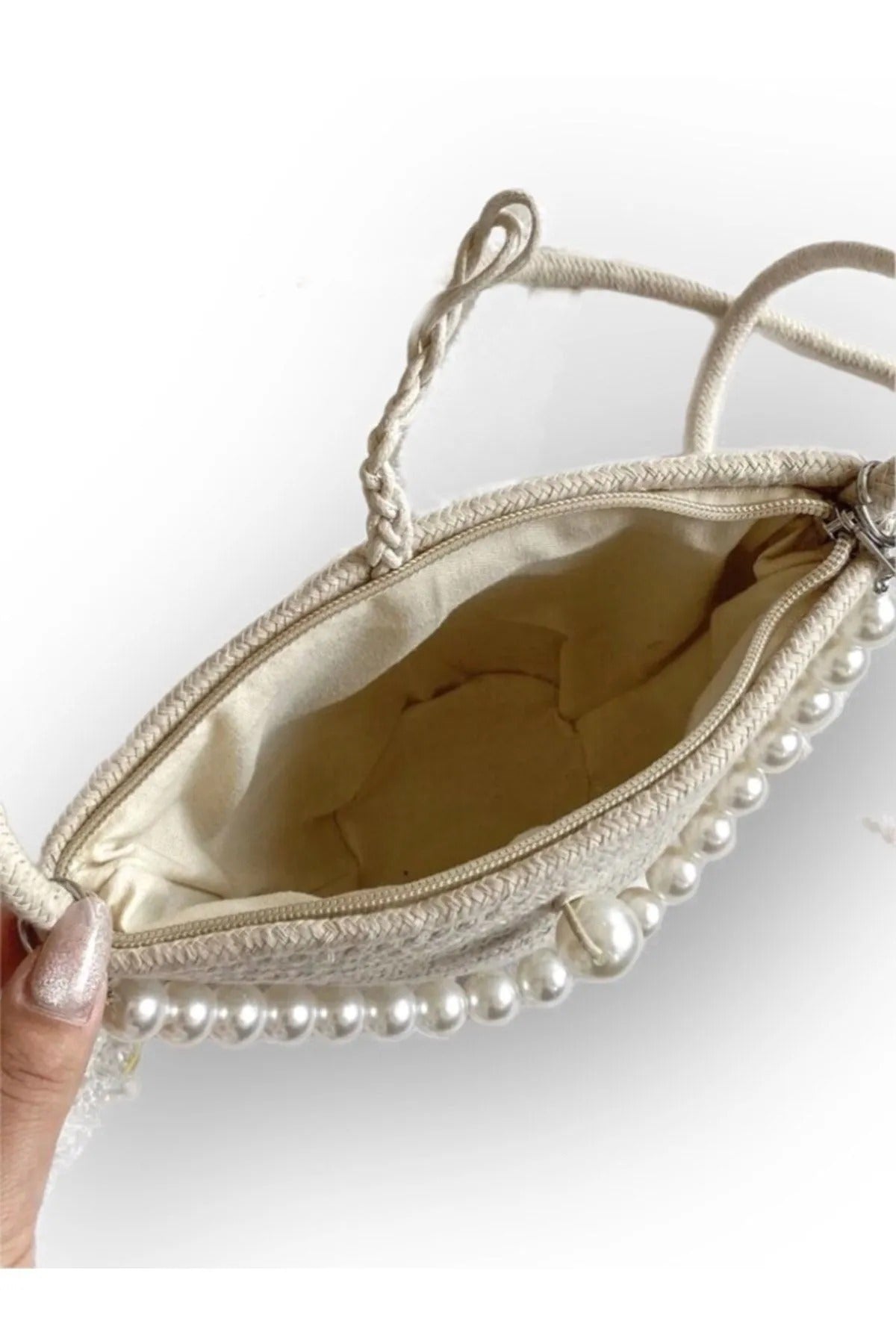 Women's Off White Pearl Design Shoulder Bag