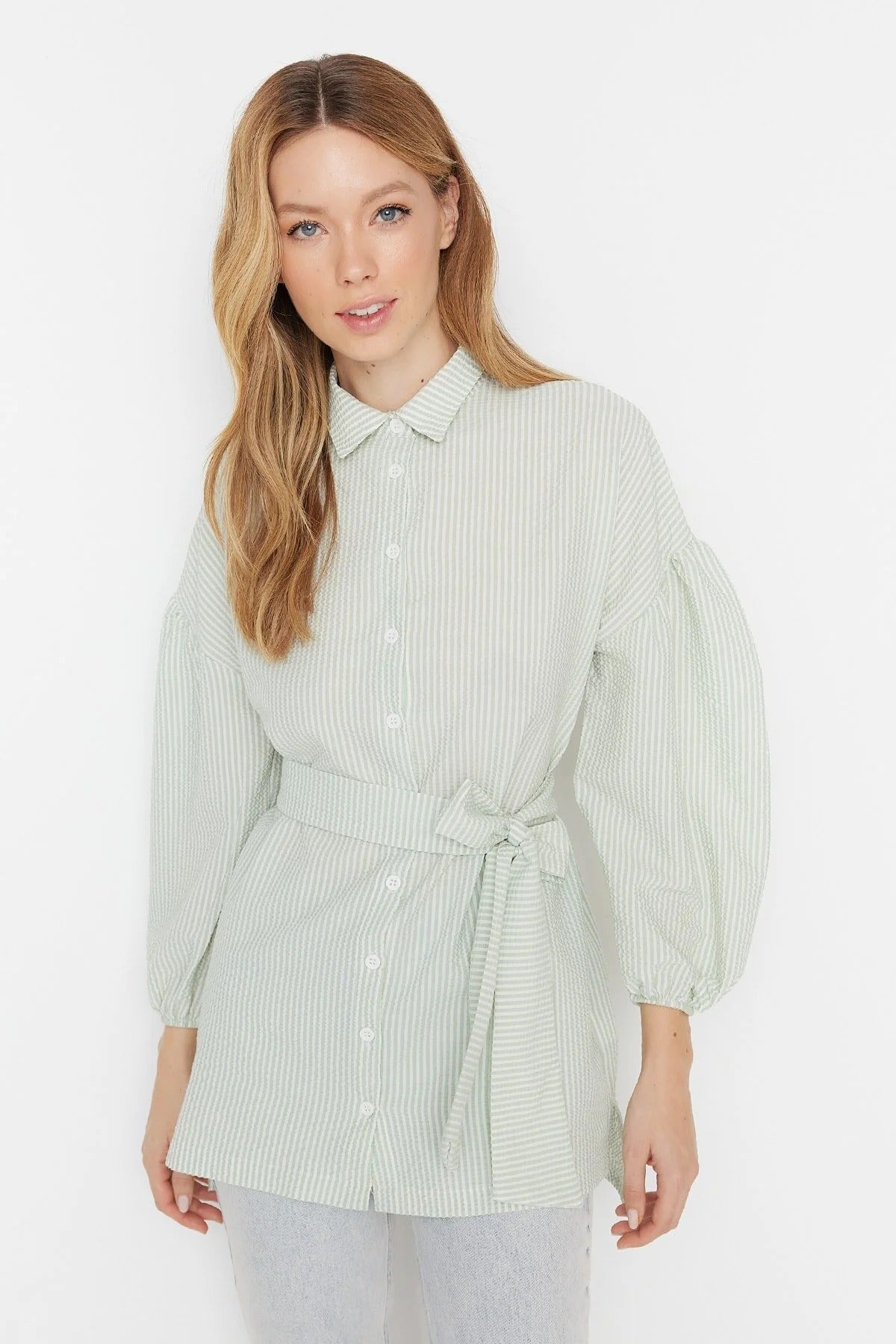 Striped Belted Balloon Sleeve Back Long Woven Shirt