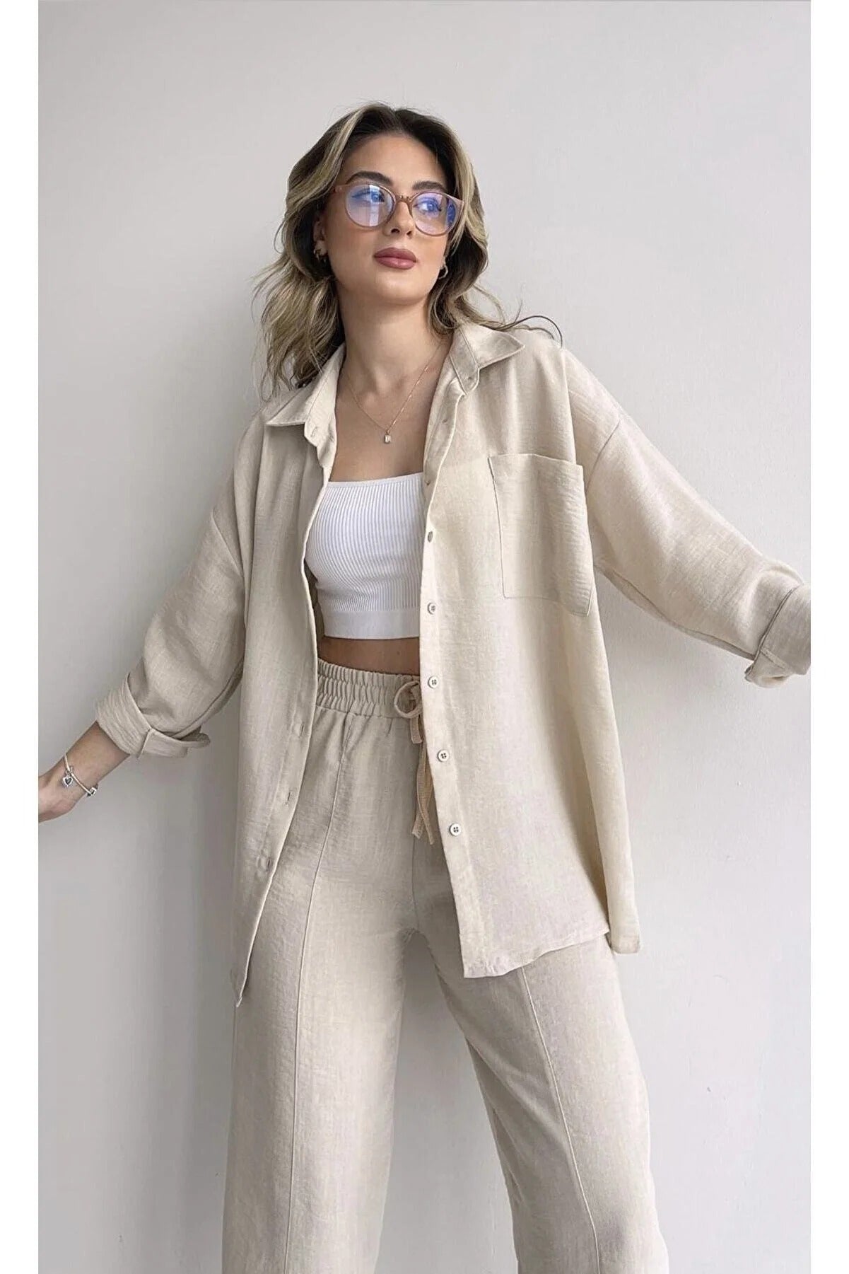 Women's Beige Double Linen set