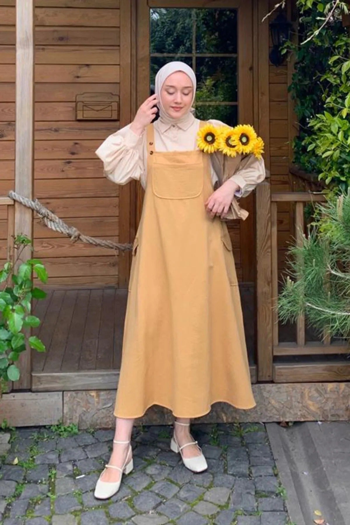 Camel Linen Skirted Overalls & Cream Classic Collar Crop Shirt