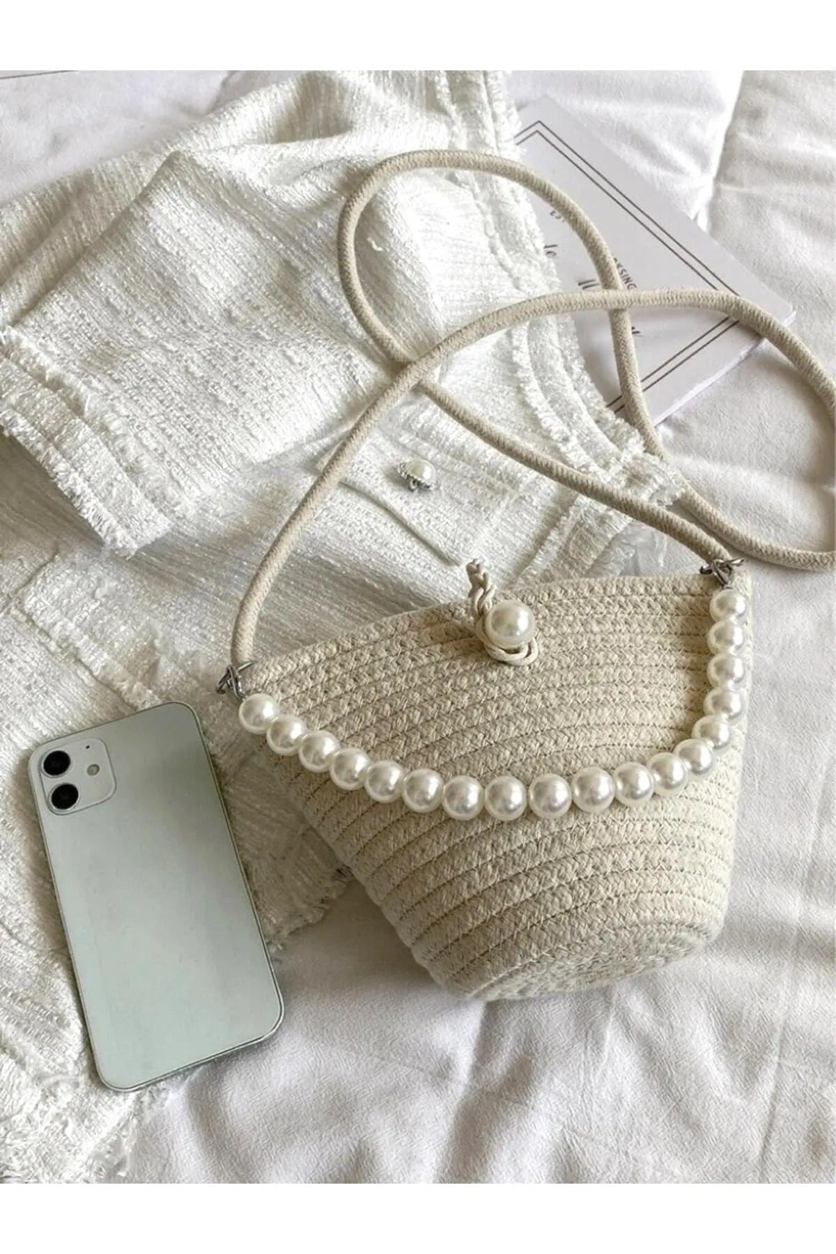 Women's Off White Pearl Design Shoulder Bag