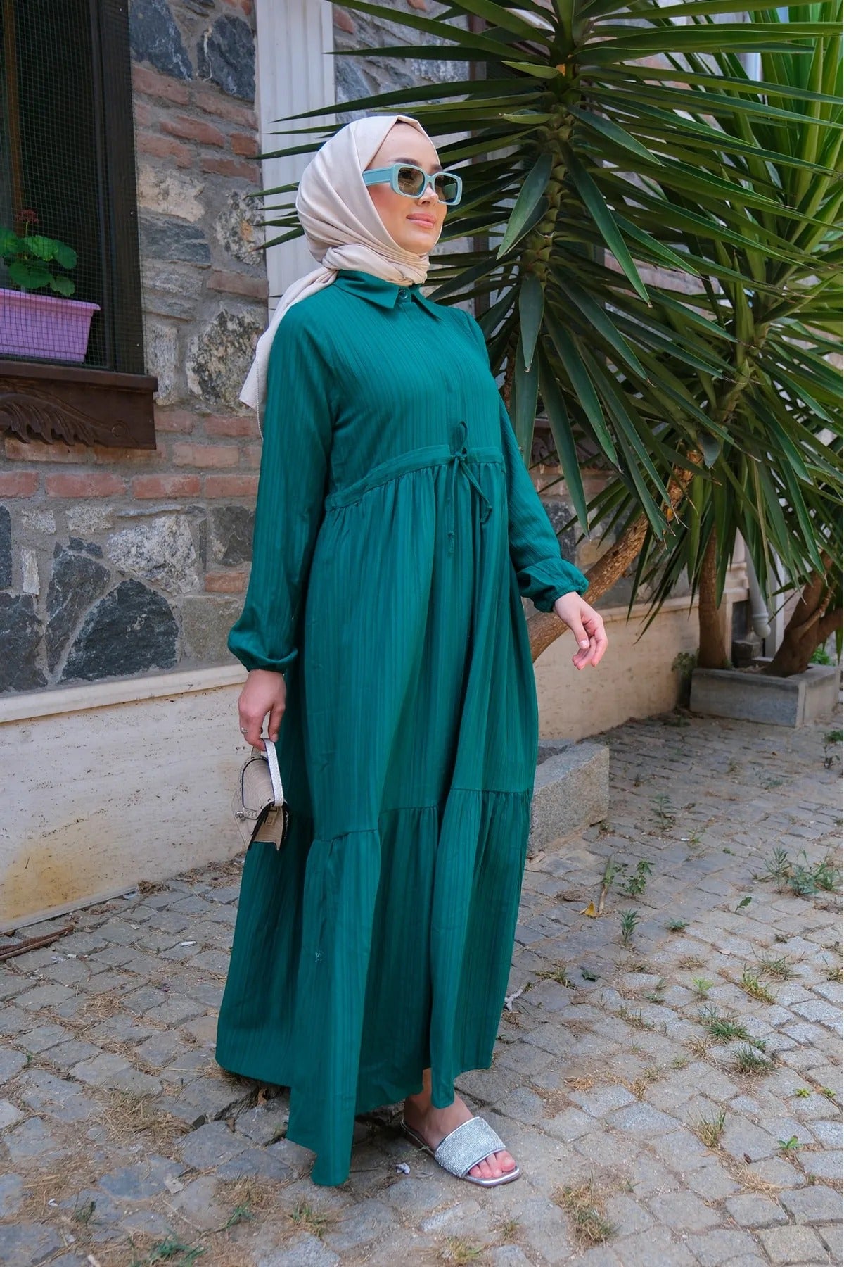 Pleated Hijab Dress Emerald Green