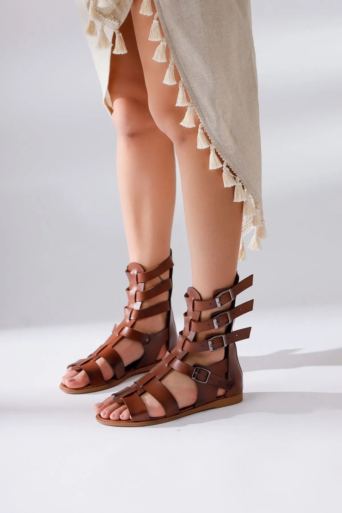 Genuine Leather Miranda Brown Zippered Gladiator Sandals