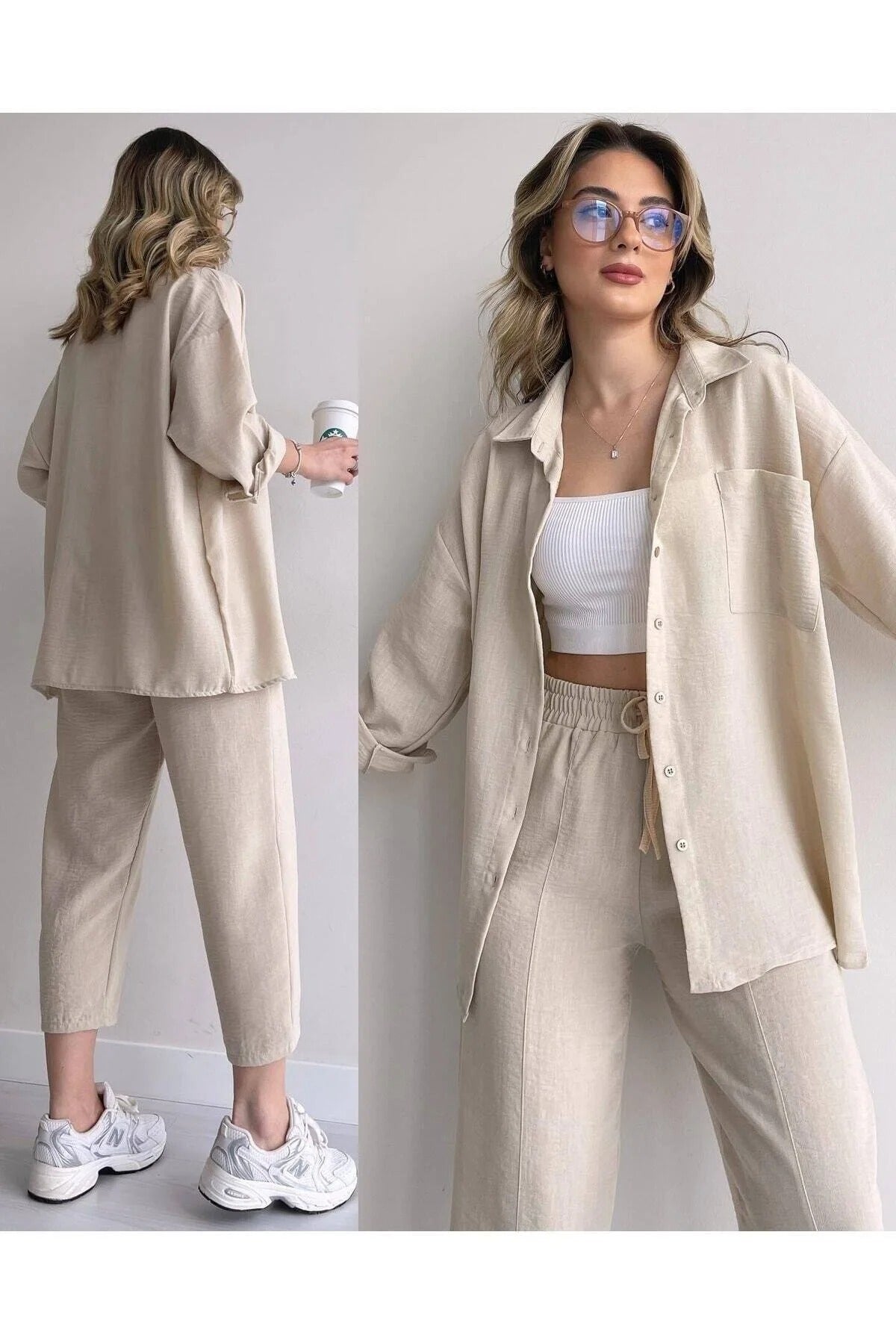 Women's Beige Double Linen set