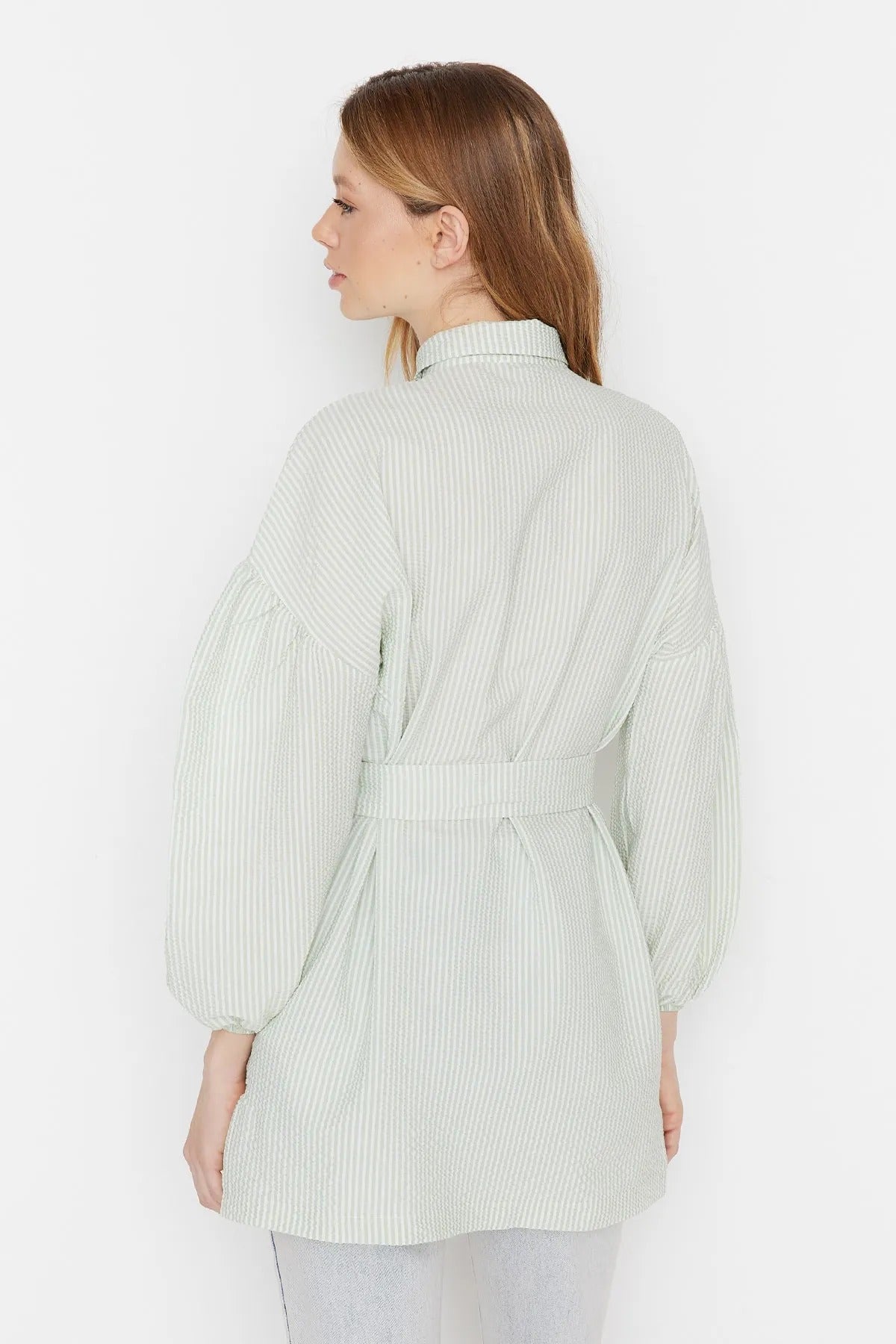 Striped Belted Balloon Sleeve Back Long Woven Shirt