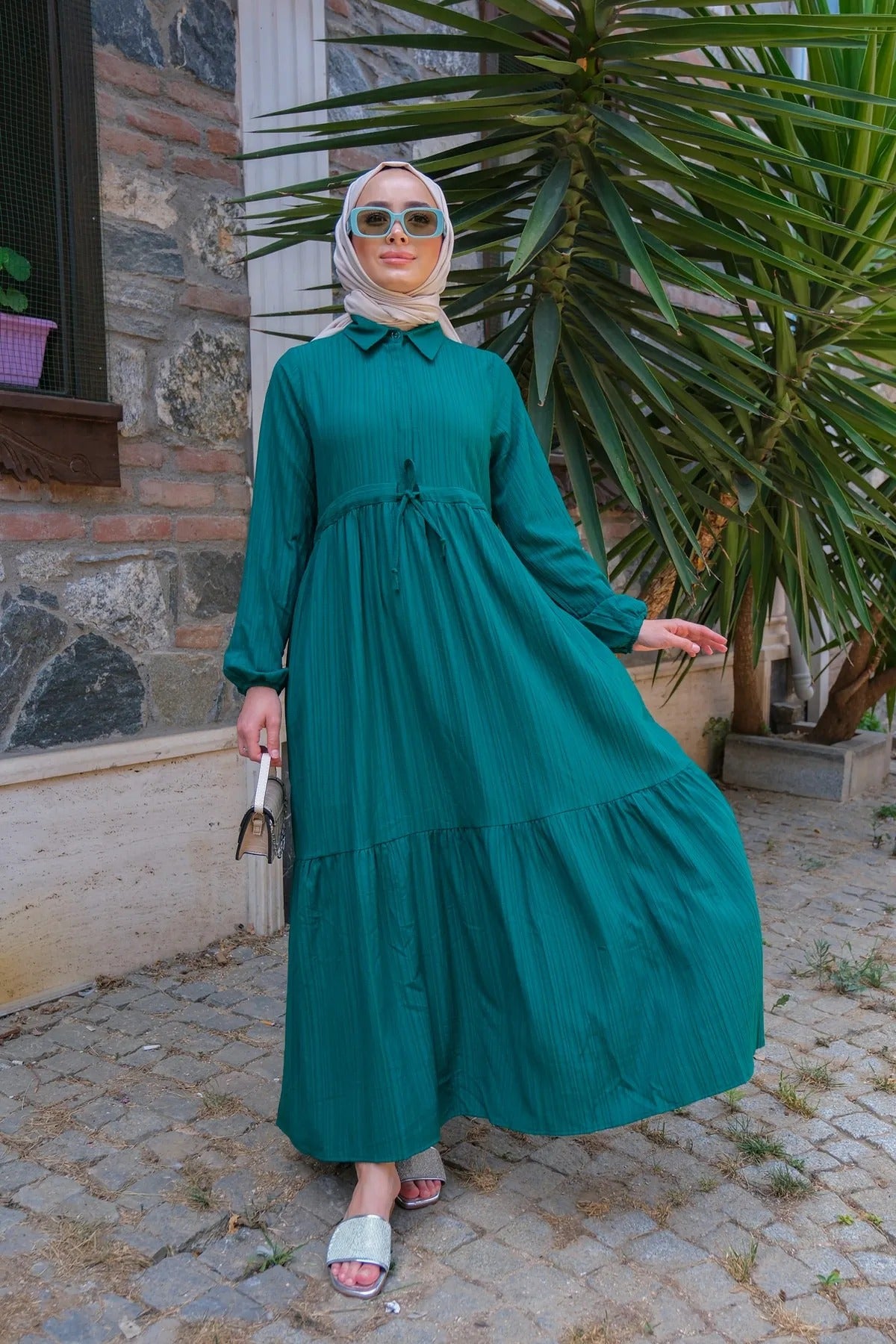 Pleated Hijab Dress Emerald Green