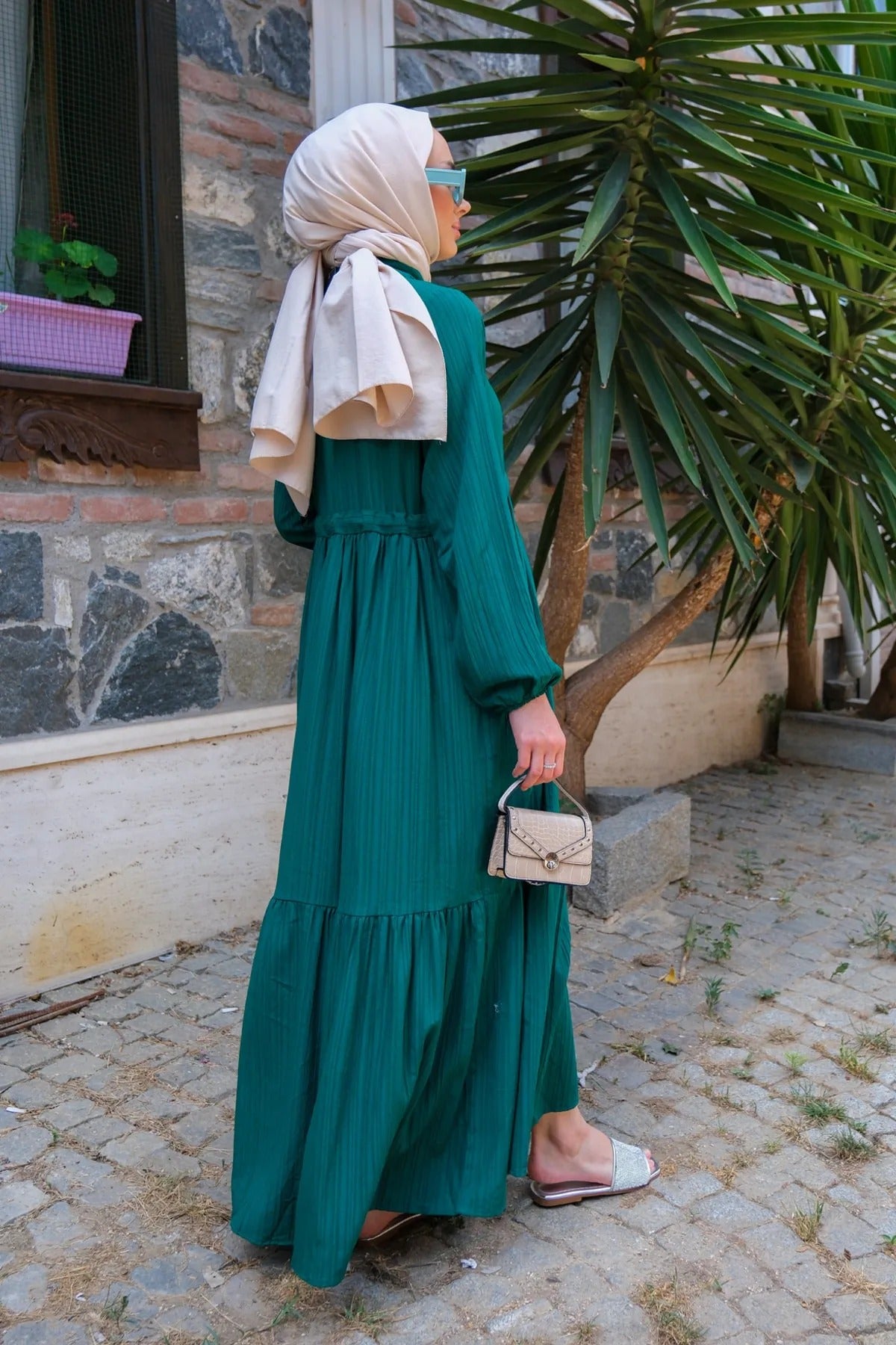 Pleated Hijab Dress Emerald Green